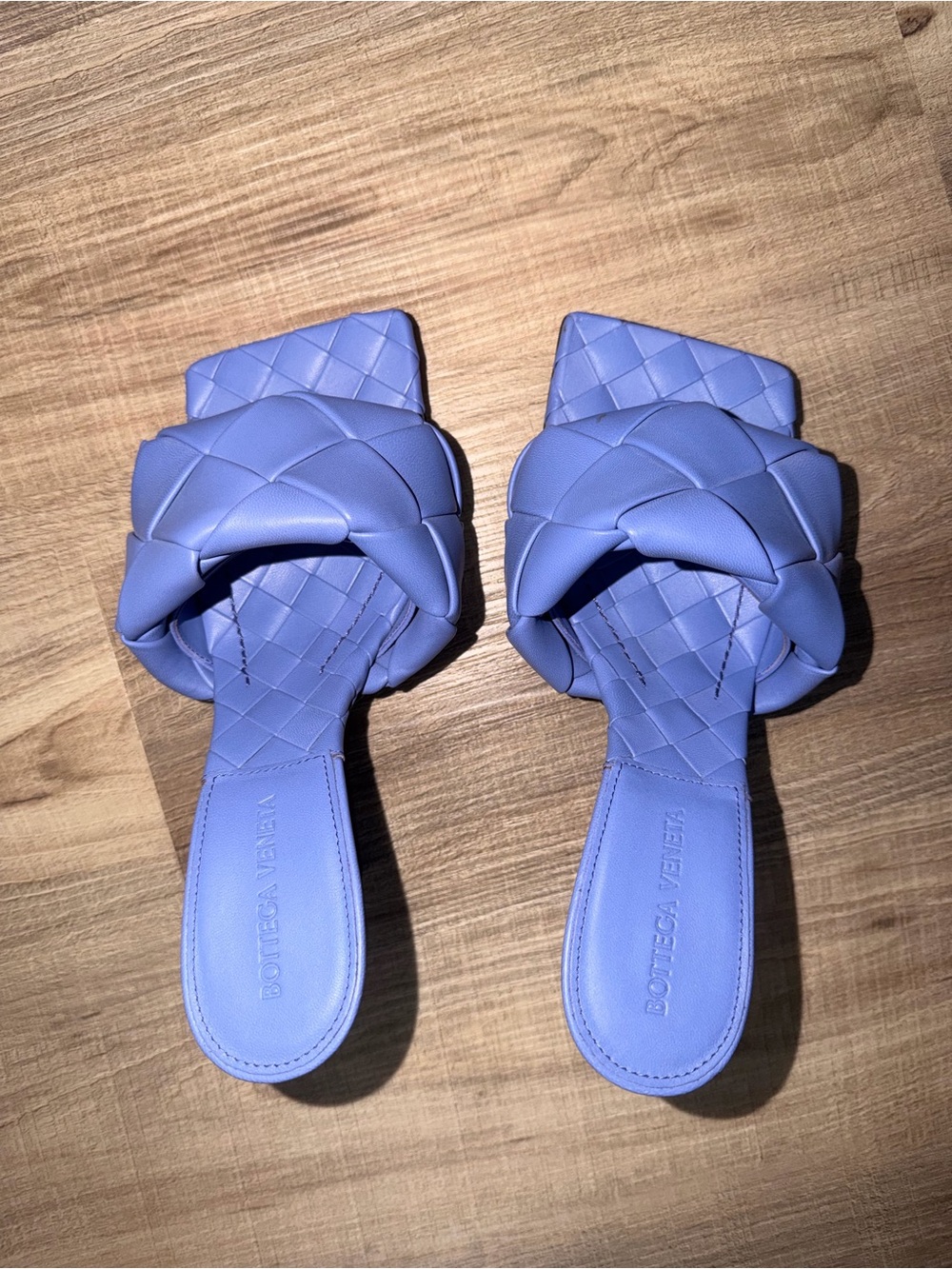 Bottega Veneta Periwinkle Braided Square-Toe Slide Sandals